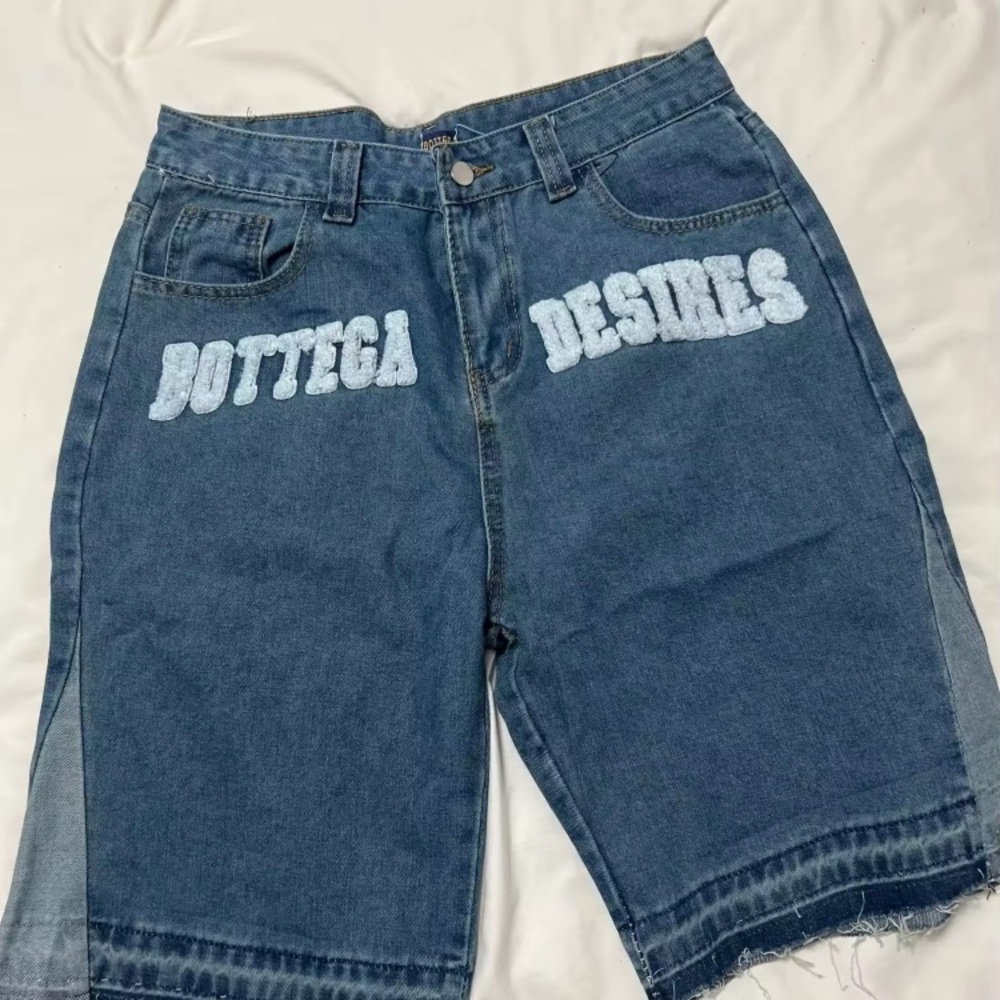 Blue Denim Shorts with White Text - Picture 1 of 2